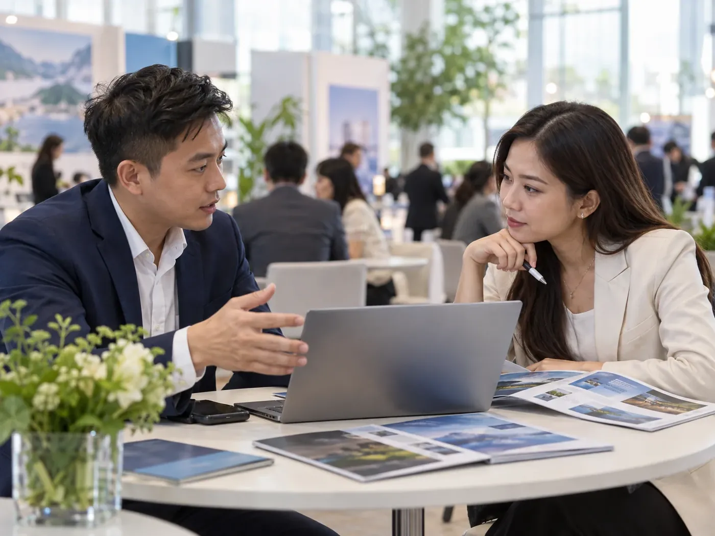 Hai đại diện doanh nghiệp trao đổi hợp tác trong phiên kết nối giao thương