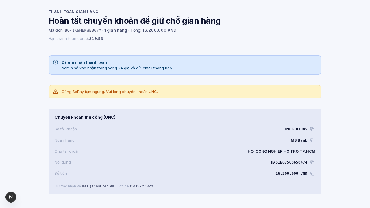 Trạng thái đã ghi nhận thanh toán, chờ VP WT-HUB xác nhận