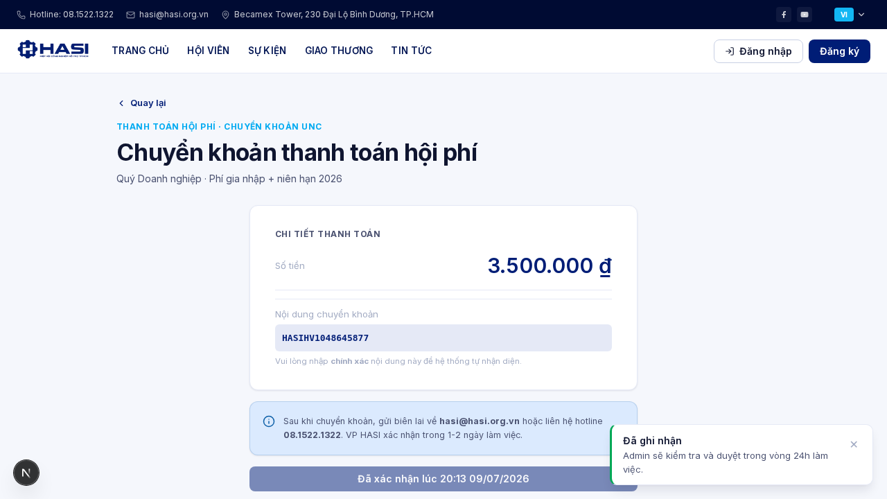 Trạng thái đã xác nhận chuyển khoản, chờ VP WT-HUB duyệt