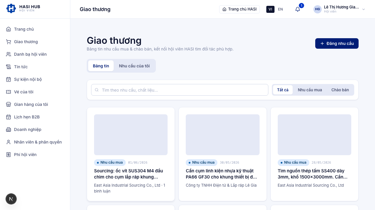 Bảng tin Giao thương với các chip lọc Tất cả, Nhu cầu mua, Nhu cầu thanh lý, ô tìm kiếm và các thẻ nhu cầu