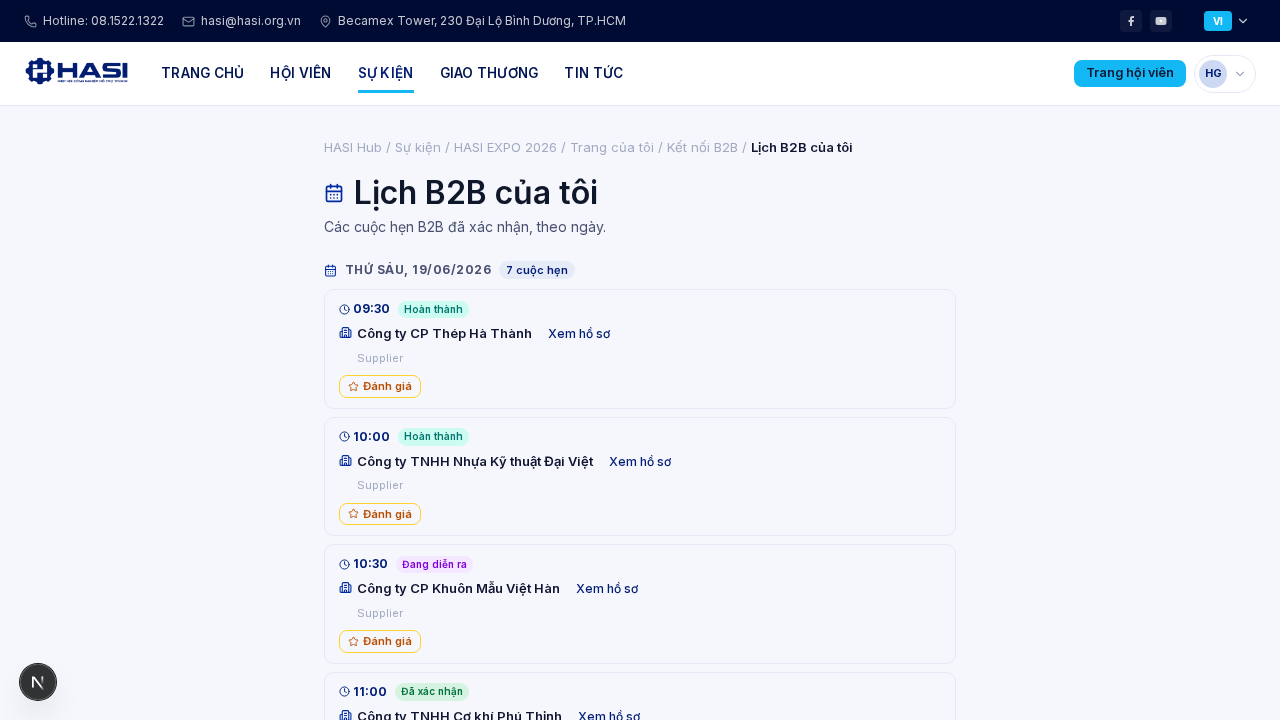 Danh sách lịch hẹn B2B với nút Đánh giá trên cuộc gặp đã xác nhận