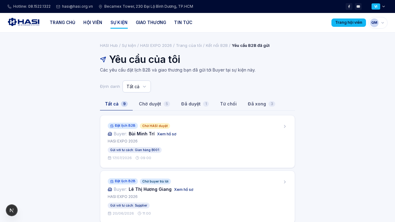 Thẻ Yêu cầu của tôi với mục Yêu cầu B2B đã gửi hiển thị yêu cầu mới ở trạng thái Chờ WT-HUB duyệt