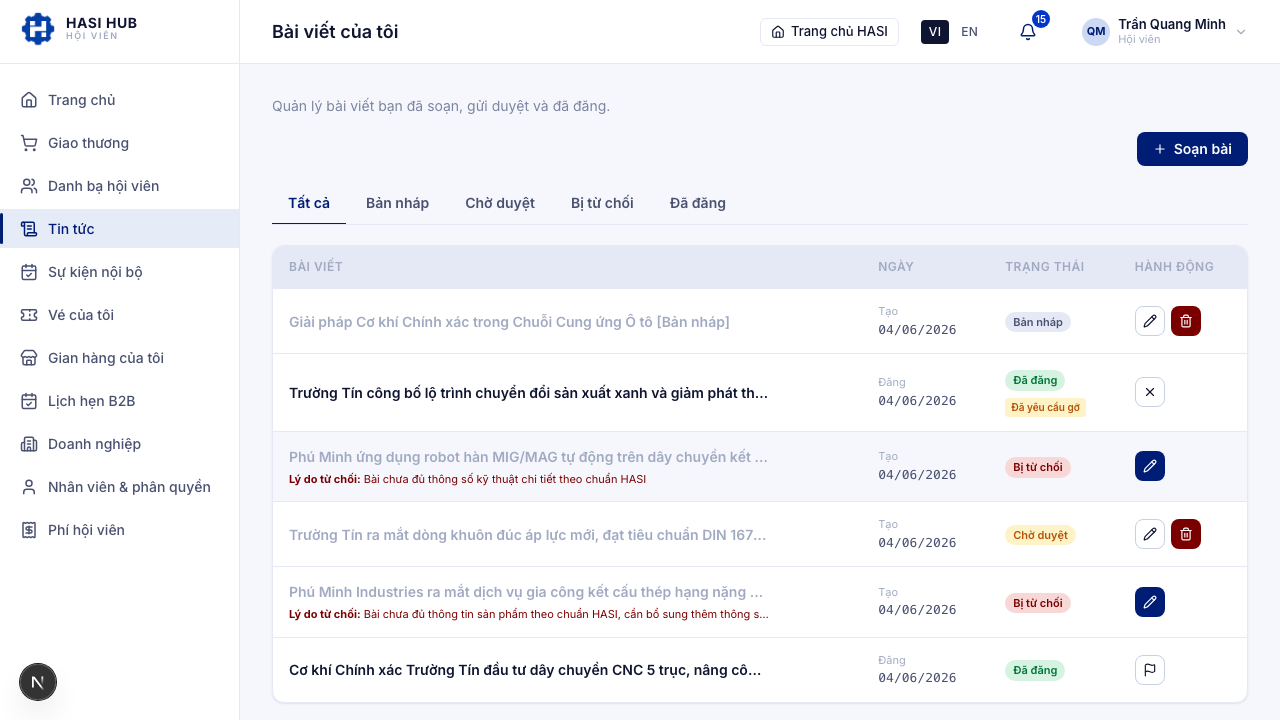 Trang Bài viết của tôi với 3 tab trạng thái và danh sách bài